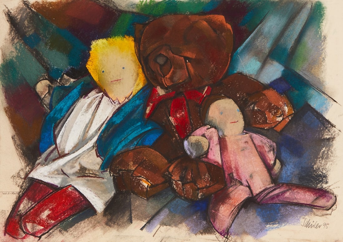 Gottfried Sch??ler: Gottfried Schüler 1923 Falkenstein/Vogtland - 1999 Göttingen - Dolls and Teddy Bear - pastel crayons and charcoal/paper. 49.5 x 70 cm. 72 x 91.5 cm (dimensions with passe-partout). Signed an