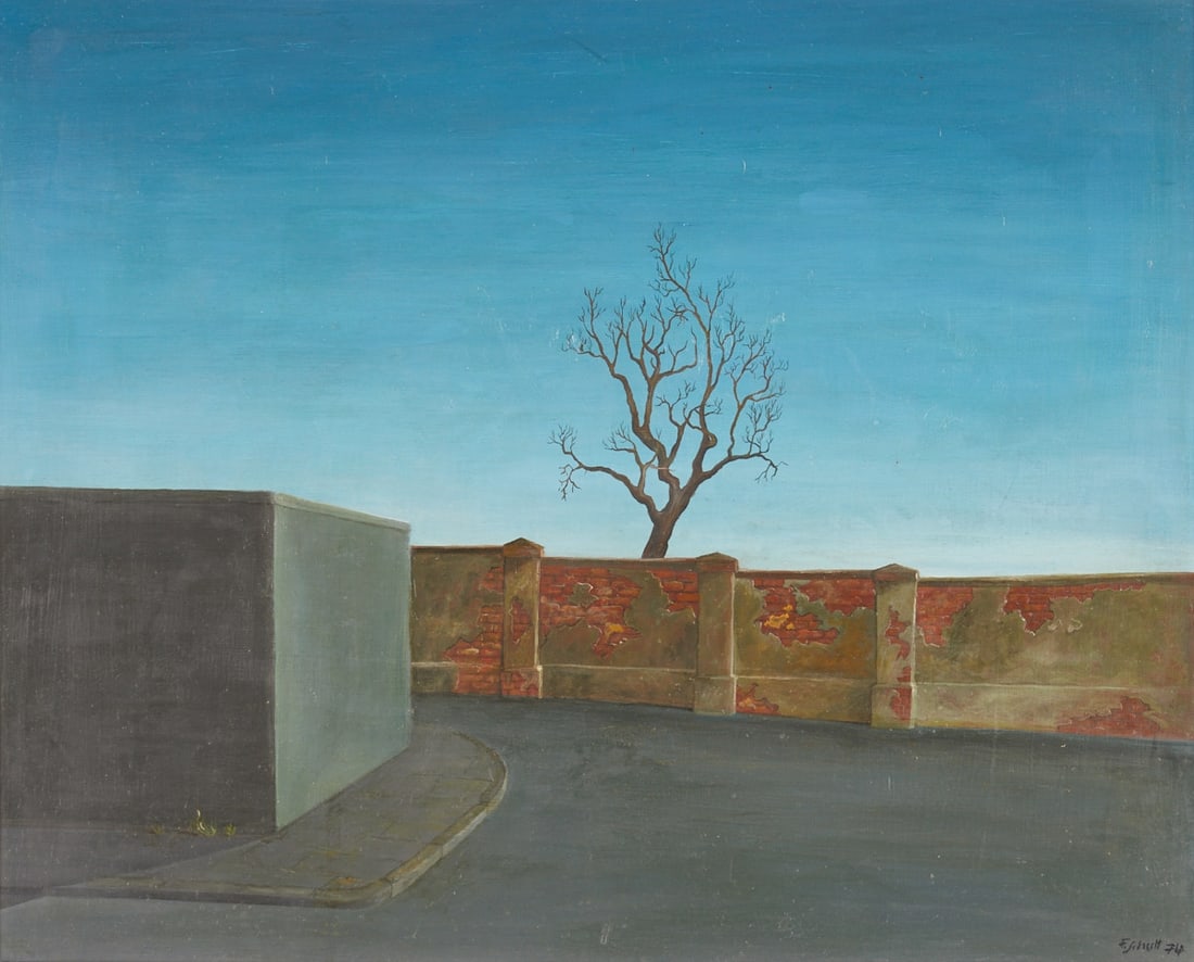 Frank Schult: Frank Schult 1948 Ilmenau, Thuringia - Lonely Tree (Street corner with brick wall and tree behind) - (1974) oil/hardboard. 50.5 x 62.5 cm. 62 x 74.5 cm (dimensions with frame). Signed and dated lower 