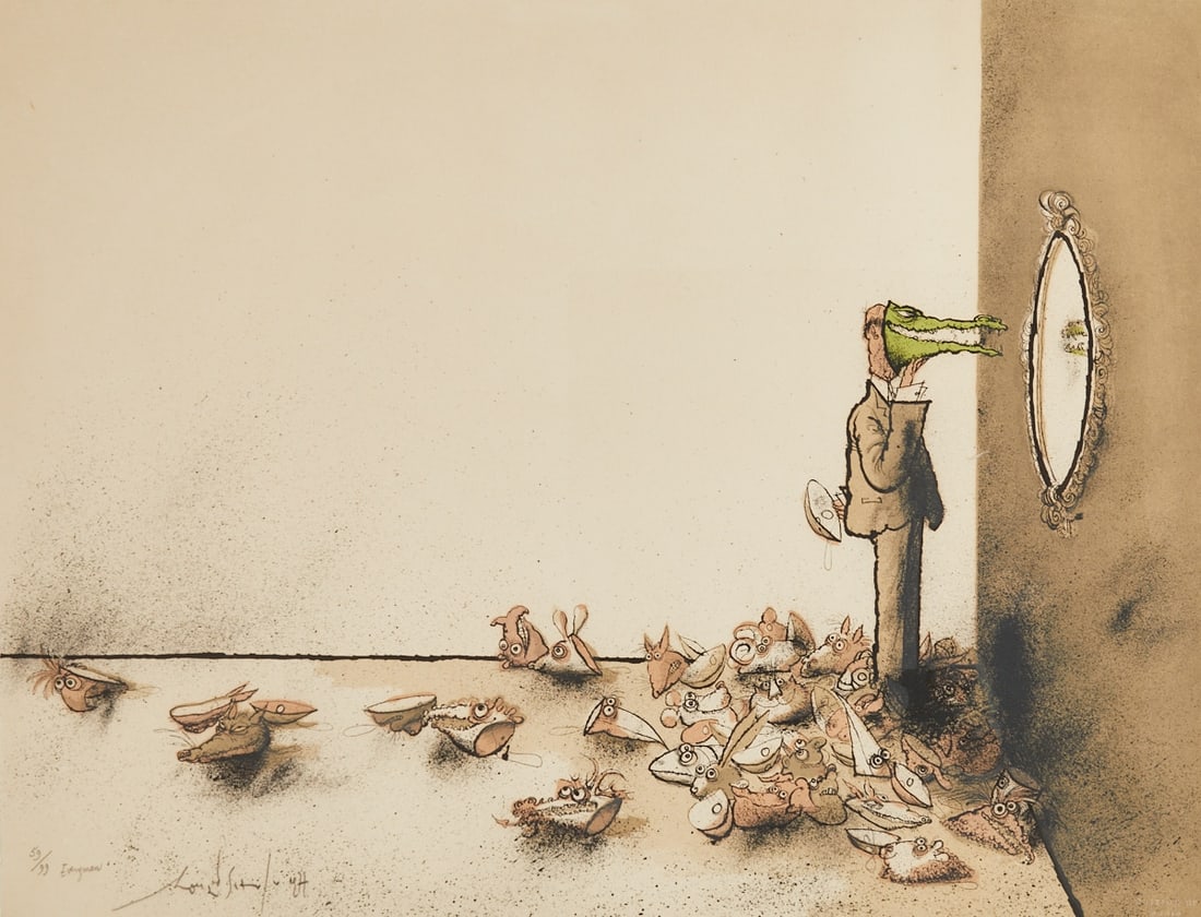Ronald Searle: Ronald Searle 1920 Cambridge - 2011 Draguignan - "Everyman" - (1977) color lithograph/paper. 59/99. 50 x 65 cm, 57 x 72 cm (dimensions with frame). Titled, signed and dated lower left: Every