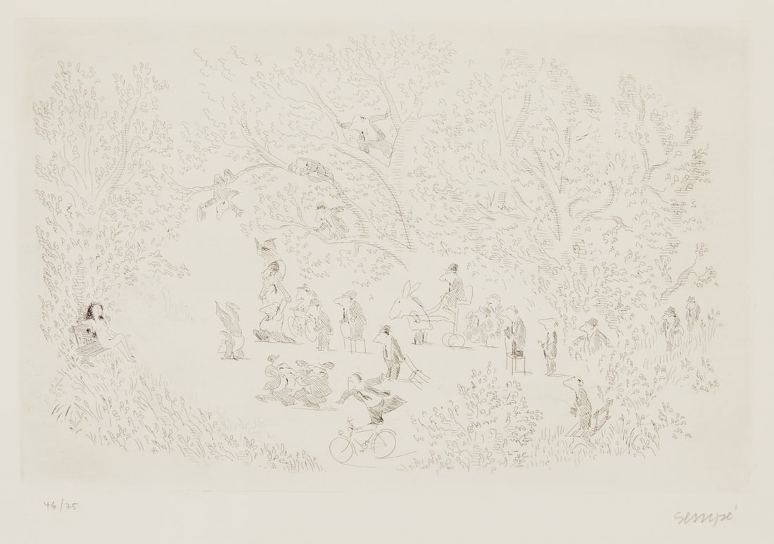 Jean-Jacques Semp?©: Jean-Jacques Sempé 1932 Bordeaux - 2022 Draguignan - Le Parc - etching/paper. 46/75. 23 x 36 cm, 39 x 54 cm (dimensions with frame). Signed lower right: Sempe. Framed under glass.