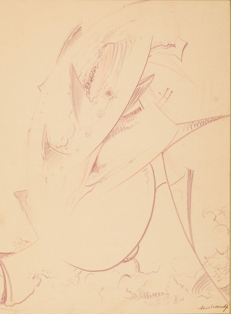 Victor Servanckx: Victor Servranckx 1897 Diegem, Machelen - 1965 Vilvoorde - "Dessin violet et rouge" (Violet and Red Drawing) - (1946) colored pencils/paper. 33.2 x 24.5 cm (passe-partout cutout). 52 x 41