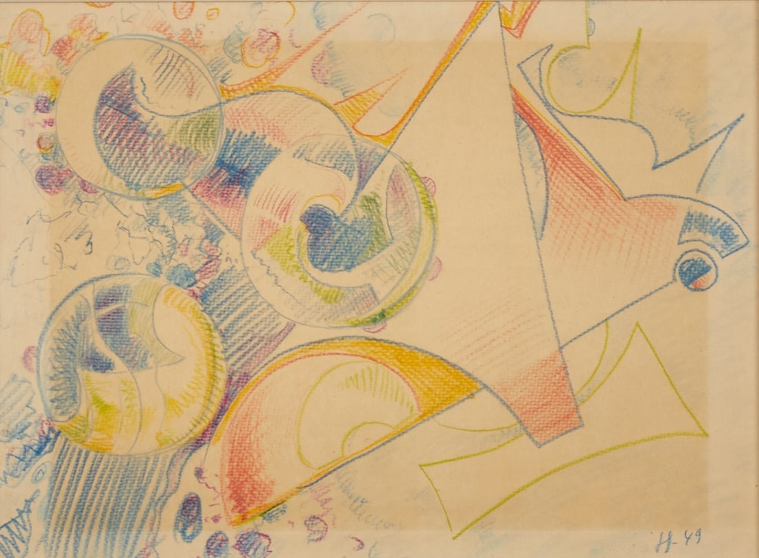 Victor Servanckx: Victor Servranckx 1897 Diegem, Machelen - 1965 Vilvoorde - Coleurs (Abstract Composition) - (1949) colored pencils/paper. 19.5 x 26.5 cm (passe-partout cutout). 40 x 47 cm (dimensions with frame).