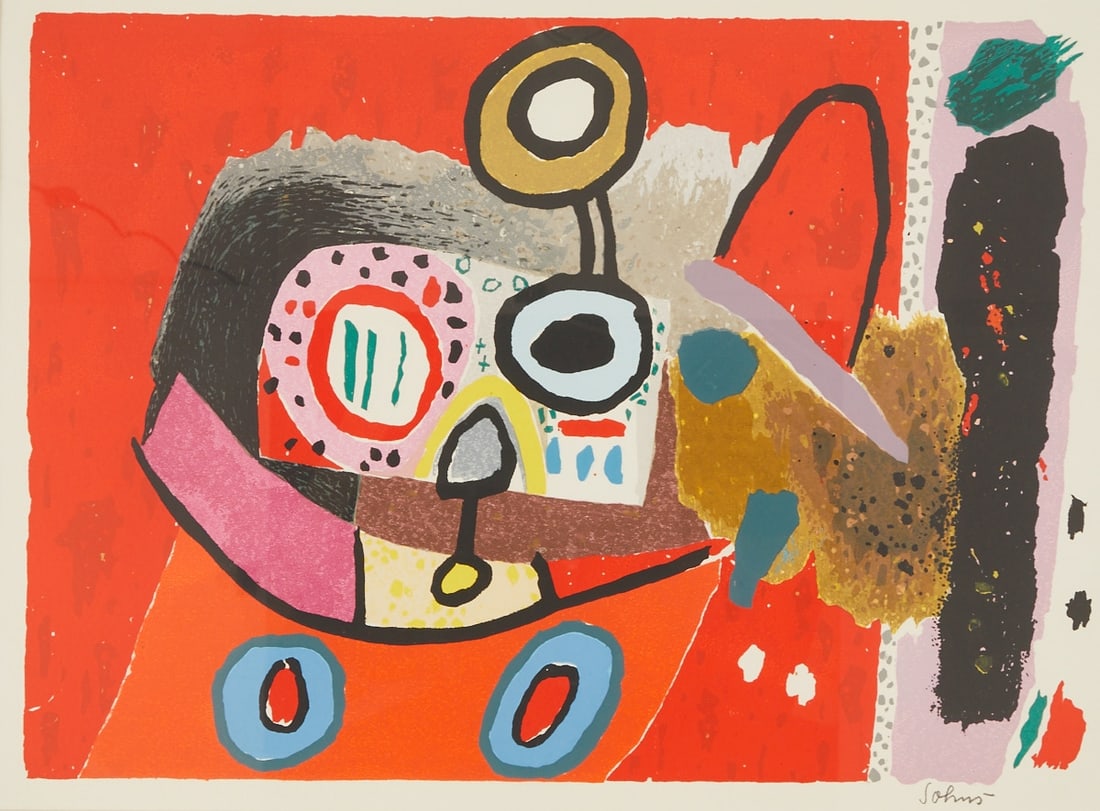 Kurt Sohns: Kurt Sohns 1907 Barsinghausen - 1990 Hanover - Abstract with Orange - Colour silkscreen/paper. 39.5 x 55 cm, 43 x 58 cm (sight size), 66 x 76 cm (frame size). Signed lower right: Sohns. Mat. Framed