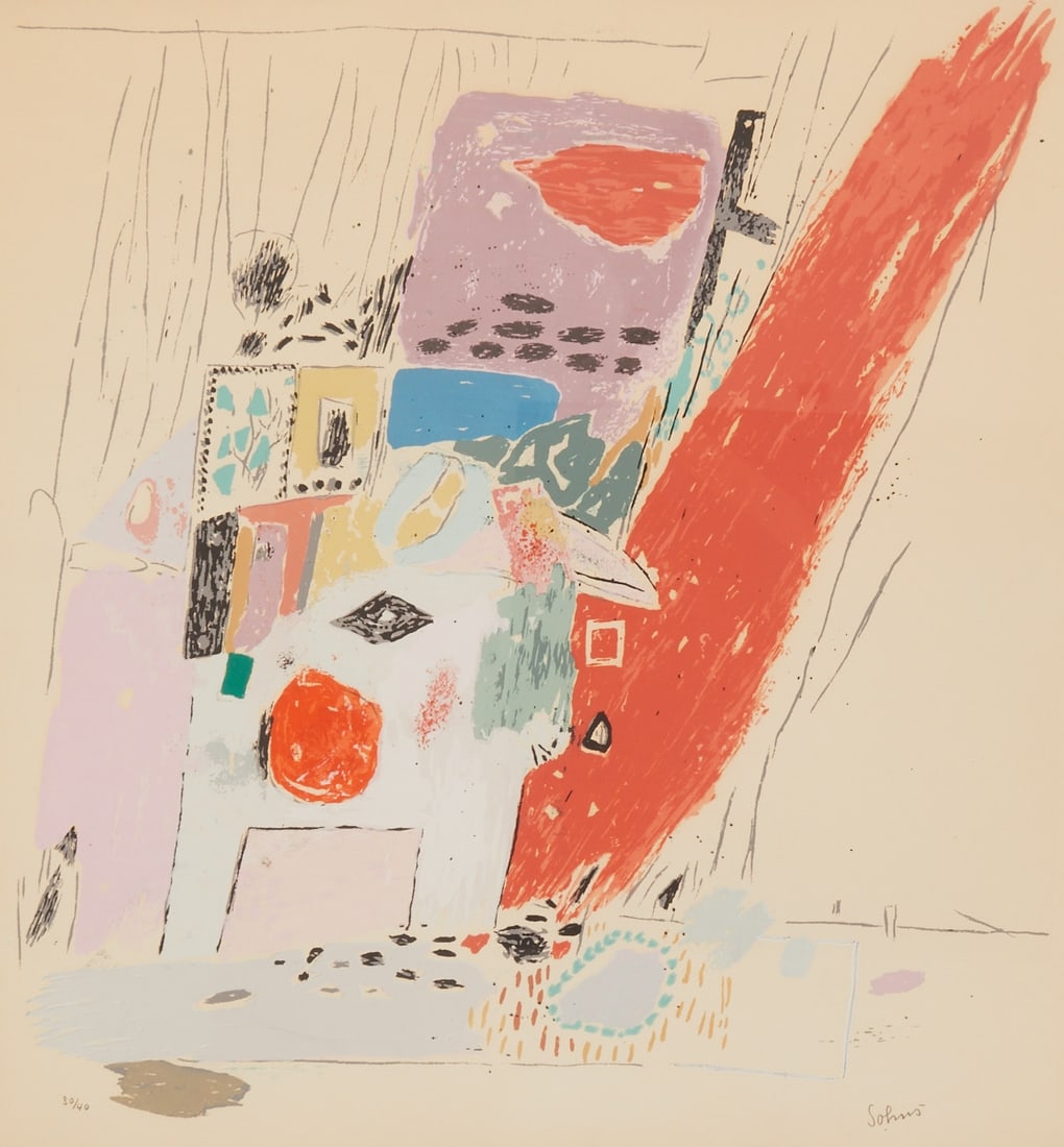 Kurt Sohns: Kurt Sohns 1907 Barsinghausen - 1990 Hanover - Abstracted Interior - Colour silkscreen/paper. 30/40. 64 x 60 cm (mat cutout). 87 x 81 cm (frame size). Signed lower right: Sohns. Mat. Framed under