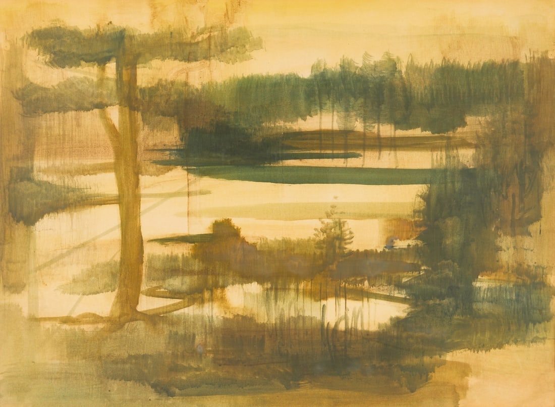 Ernst Thoms: Ernst Thoms 1896 Nienburg - 1983 Wietzen - Forest Landscape - Watercolor/paper. 54 x 74 cm (mat opening), 71 x 91 cm (size with frame). Mat. Framed under glass. Min. holes from nails at the corners.