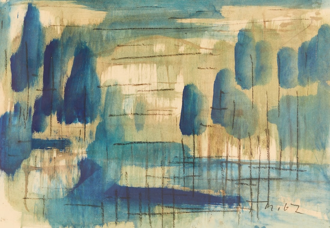 Ernst Thoms: Ernst Thoms 1896 Nienburg - 1983 Wietzen - "Oyler Marsch" - (1967) Watercolor/paper. 42 x 60 cm (visible size), 62 x 78 cm (size with frame). Signed and dated lower right: Th. (19)67. Mat.