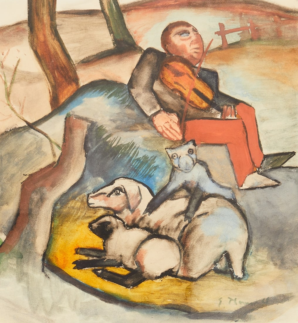 Ernst Thoms: Ernst Thoms 1896 Nienburg - 1983 Wietzen - "The Shepherd" - (1921) Opaque paint/paper. 37 x 35 cm (mat opening). 56 x 52 cm (size with frame). Signed lower right: E. Thoms. Mat. Framed