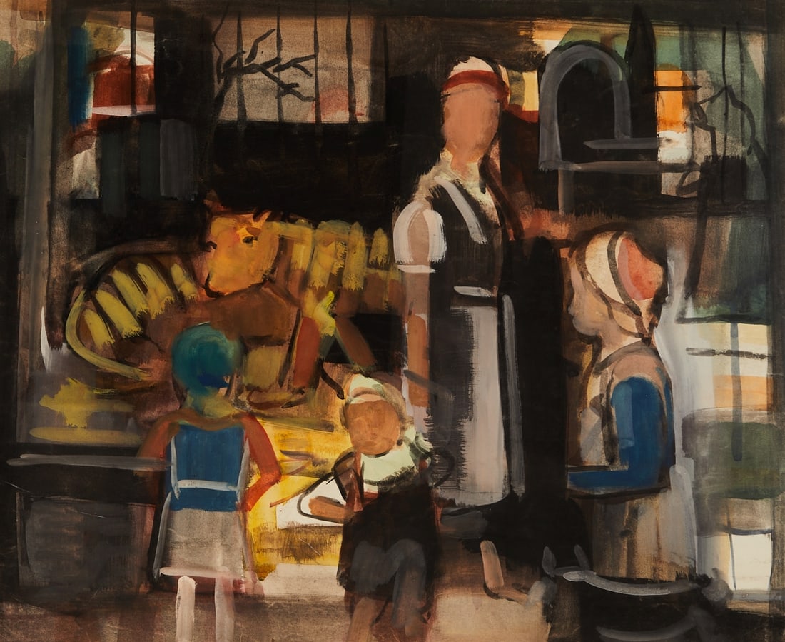 Ernst Thoms: Ernst Thoms 1896 Nienburg - 1983 Wietzen - "In the Zoo" - (circa 1955) Gouache/cardboard. 54 x 66 cm (mat opening), 73.5 x 83.5 cm (size with frame). Inscribed lower right: Thoms. Mat.