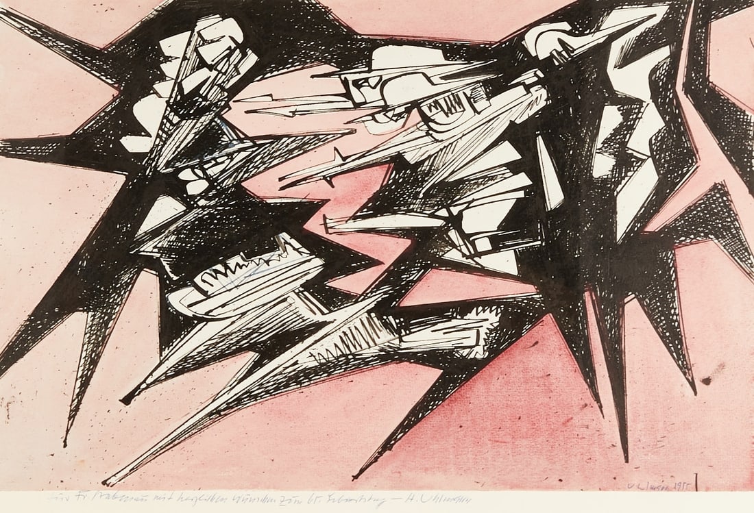 Hans Uhlmann: Hans Uhlmann 1900 Berlin - 1975 Berlin - Untitled (Dynamics) - (1955) Ink and watercolor/paper on backing board. 28.5 x 44 cm. 47 x 57 cm (dimensions with frame). Signed and dated lower right: Uhlmann