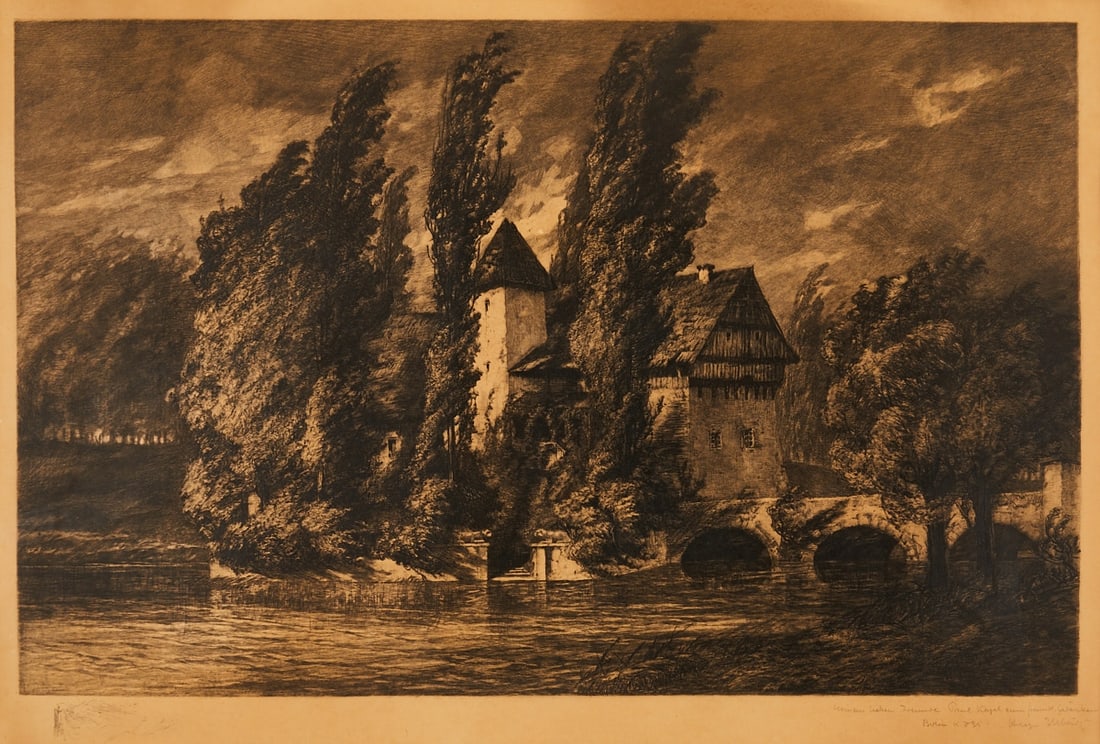 Hugo Ulbrich: Hugo Ulbrich 1867 Bad Dirsdorf - 1928 Breslau - House with Bridge in Stormy Landscape - Etching/paper. 42 x 66 cm, 48 x 69 cm (passe-partout cutout). 91 x 108 cm (dimensions with frame). Signed with p