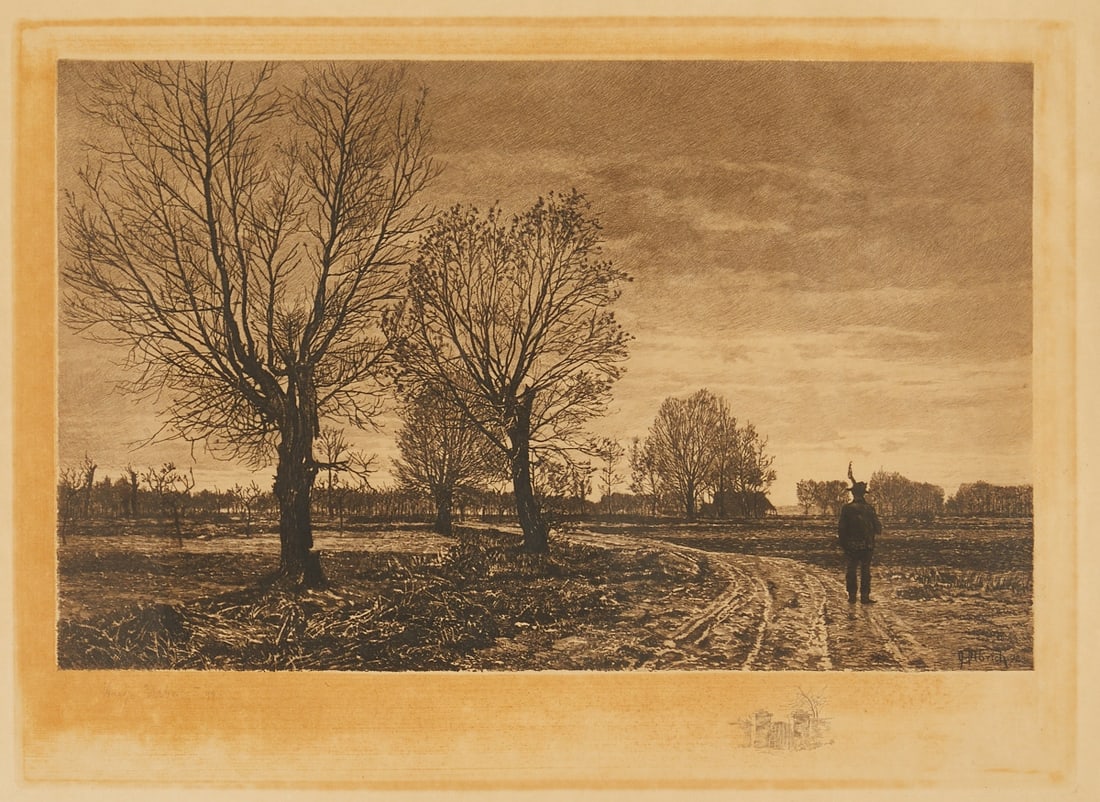 Hugo Ulbrich: Hugo Ulbrich 1867 Bad Dirsdorf - 1928 Breslau - Man in Field Landscape (Wilmersdorf surroundings) - Etching/paper. 31.5 x 43 cm, 33.5 x 45 cm (passe-partout cutout). 56 x 69 cm (dimensions with frame)