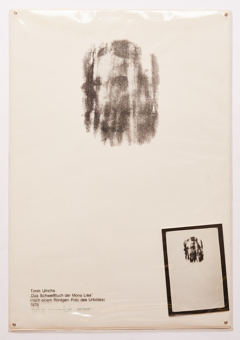 Timm Ulrichs: Timm Ulrichs 1940 Berlin - works in Hanover and Münster - "The Shroud of Mona Lisa" (after an X-ray photo of the original) - (1978) Silkscreen/fabric. 18/100. 77 x 53 cm. Signed lower