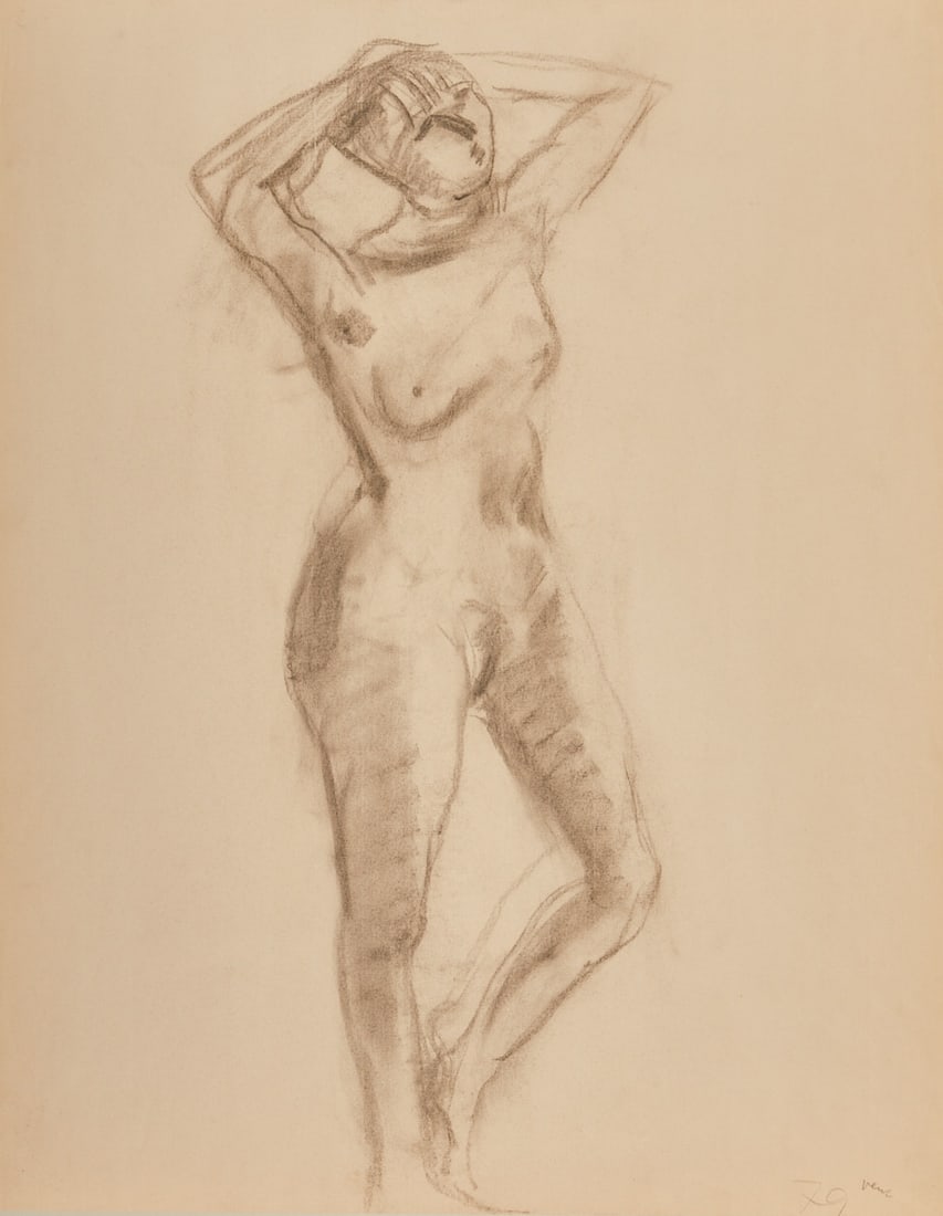 Hans Vent: Hans Vent 1934 Weimar - 2018 Berlin - Female Nude - (1979) Charcoal/paper. 63.2 x 49.2 cm, 73.3 x 59.3 cm (dimensions with frame). Signed and dated lower right: (19)79. Vent. Framed under glass.