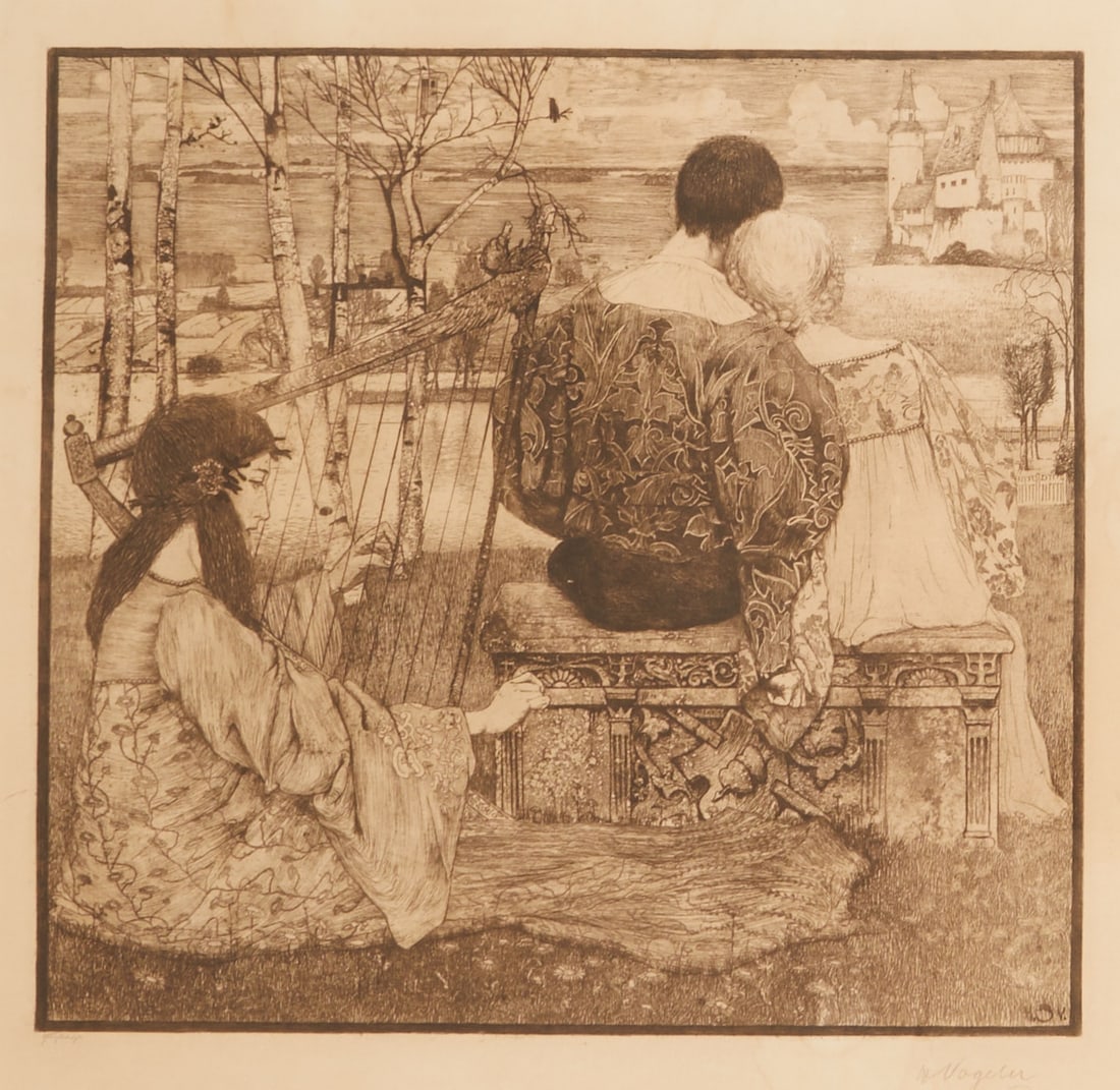 Heinrich Vogeler: Heinrich Vogeler 1872 Bremen - 1942 Kazakhstan - "Love" - (1896) Etching/paper. 35 x 37 cm, 39 x 40 cm (mount opening). 62.5 x 60 cm (dimensions with frame). Signed lower right: H. Vogeler. 