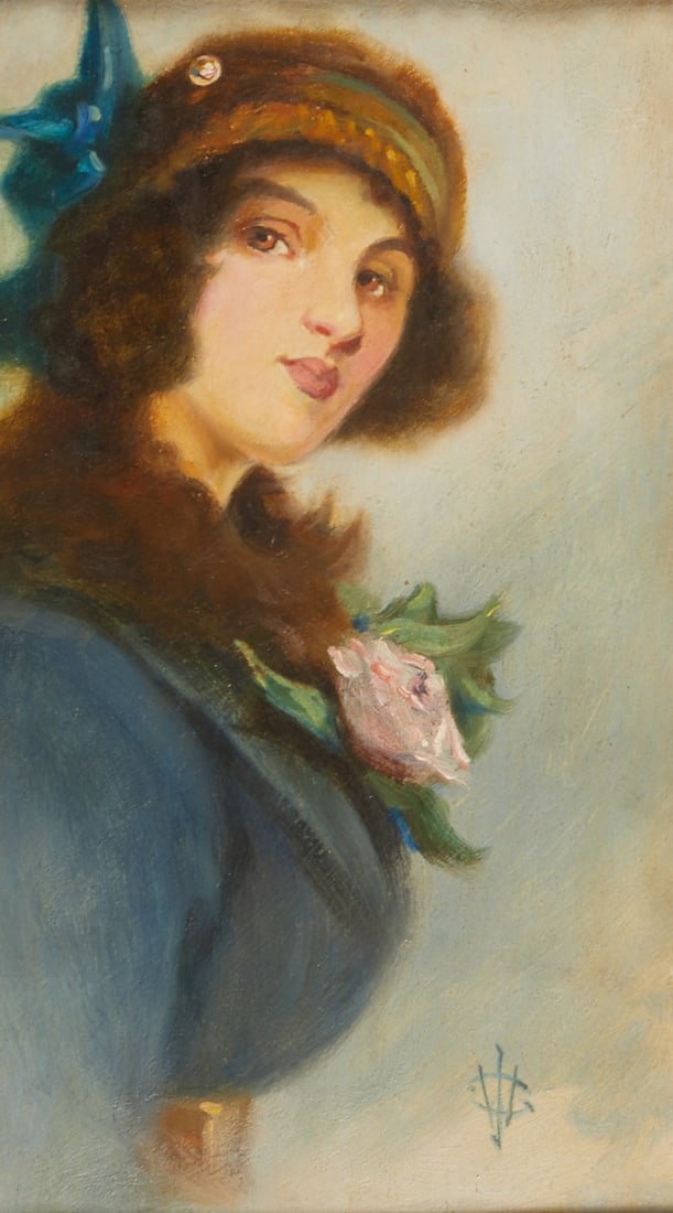 Clara Wagner: Clara Wagner Artist of the early 20th century - Lady with Hat - Oil/wood. 35 x 20 cm. 52 x 37 cm (dimensions with frame). Monogrammed lower right: CW (ligated). Frame.
