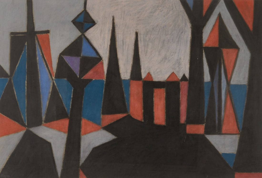 Erich Wegner: Erich Wegner 1899 Gnoien - 1980 Hanover - City Silhouette - Mixed media/paper. 45 x 62.5 cm. Signed lower left: Wegner. On the reverse with the artist's numbering: 2122. Mount. Framed under glass. -