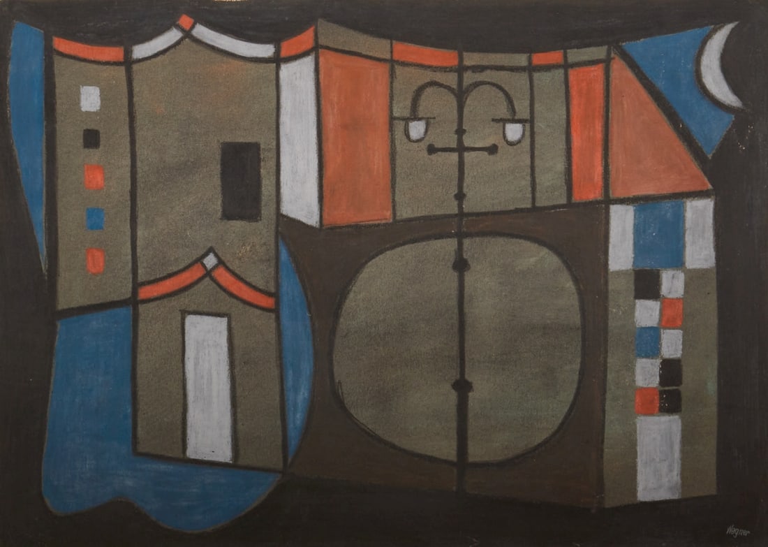 Erich Wegner: Erich Wegner 1899 Gnoien - 1980 Hanover - Houses by Moon - Mixed media/paper. 41 x 58 cm (mount opening). 61 x 81 cm (dimensions with frame). Signed lower right: Wegner. On the reverse of the sheet