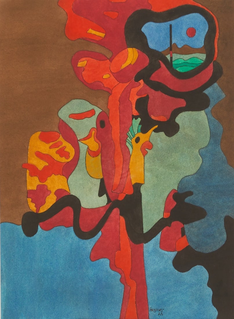 Erich Wegner: Erich Wegner 1899 Gnoien - 1980 Hanover - Abstracted Composition with Landscape - Watercolor/paper. 37 x 27 cm (mount opening). 55 x 45 cm (dimensions with frame). Signed and dated lower right: