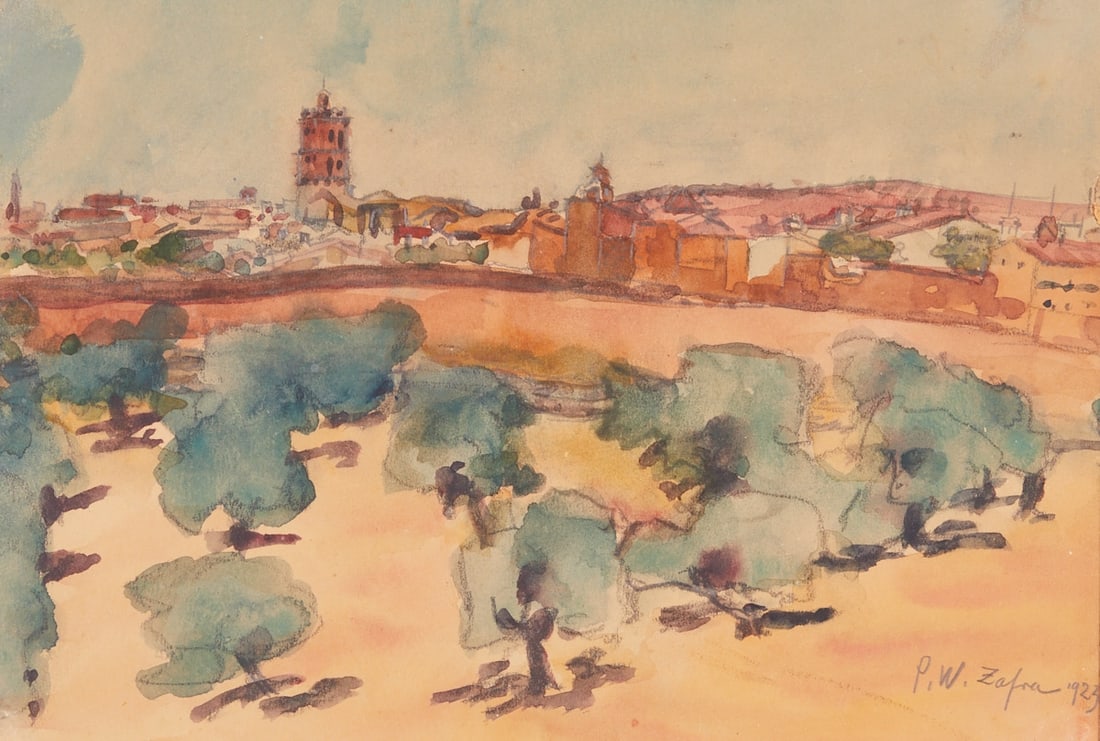 Paul Weiser: Paul Weiser 1877 Erdmannsdorf - 1967 Gera - "Zafra" - (1923) Watercolor and pencil/paper. 18 x 26 cm (passepartout cutout). 38 x 46.5 cm (dimensions with frame). Monogrammed, titled and