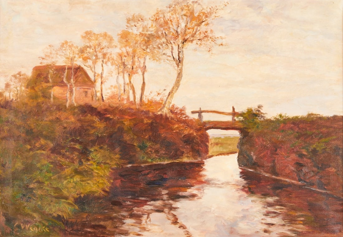 Sophie Wencke: Sophie Wencke 1874 Bremerhaven - 1963 Worpswede - Landscape with a bridge - Oil/canvas. 70 x 100 cm, 81 x 11 cm (dimensions with frame). Signed lower left: S. Wencke. Framed. - Lit.: Th.-B. XXXV, p.