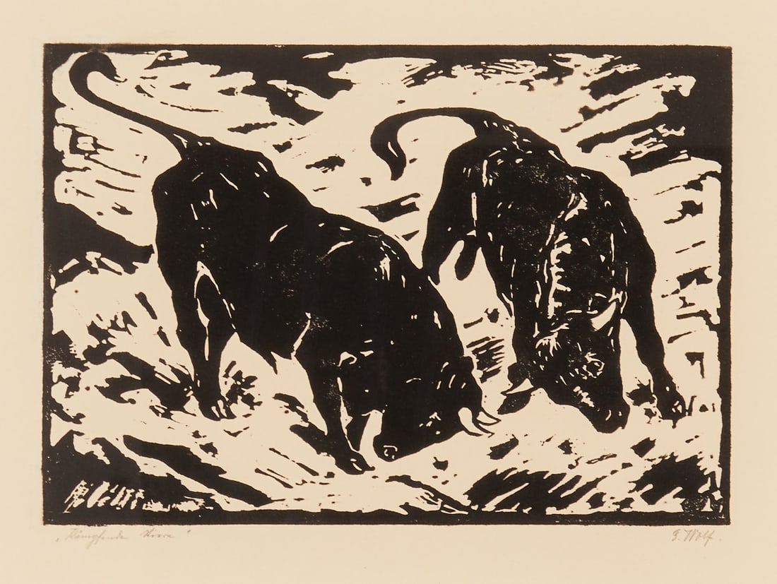 Georg Wolf: Georg Wolf 1882 Niederhausbergen/Alsace - 1962 Uelzen - "Fighting Bulls" - Woodcut/paper. 24 x 35 cm, 30.5 x 40.5 cm (passepartout cutout), 57 x 66 cm (dimensions with frame). Signed lower