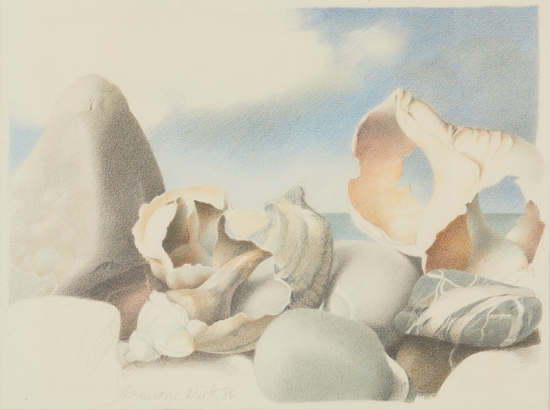 Rosemarie W??rth: Rosemarie Würth 1938 Stettin - Shells by the Sea - (1986) Colored pencils/paper. 35.5 x 47, 51 x 66 cm (dimensions with frame). Signed and dated lower left: Rosemarie Würth (19)86. Framed