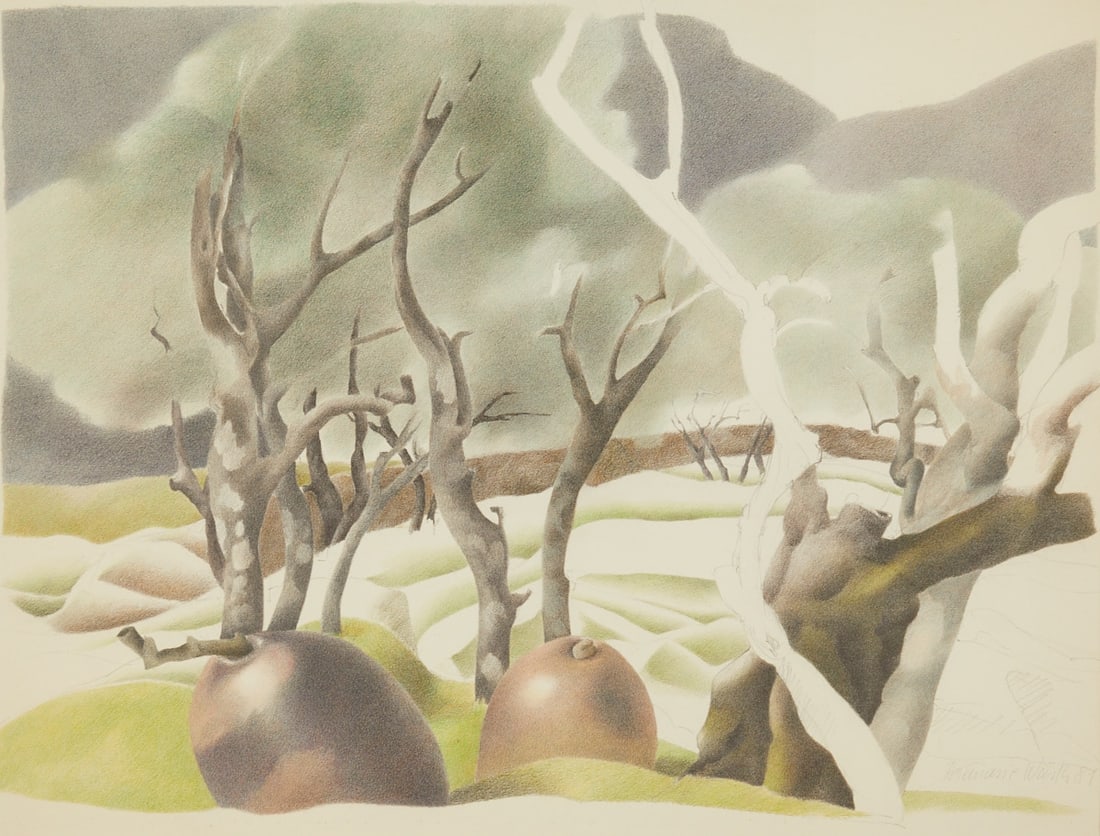 Rosemarie W??rth: Rosemarie Würth 1938 Stettin - "Olive Harvest I" - (1981) Lead and colored pencils/paper. 50 x 65 cm (sheet size). 66 x 81 cm (dimensions with frame). Signed and dated lower right: