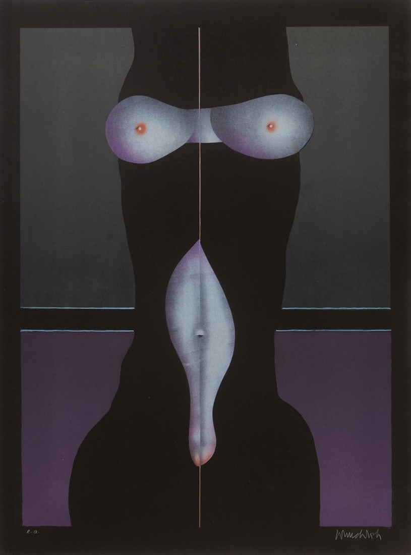 Paul Wunderlich: Paul Wunderlich 1927 Eberswalde - 2010 Saint-Pierre-de-Vassols - Female Nude - Color lithograph/black paper. Artist's Proof. 75.2 x 55.8 cm, 84 x 63 cm. Signed lower right: Wunderlich. The sheet is lo