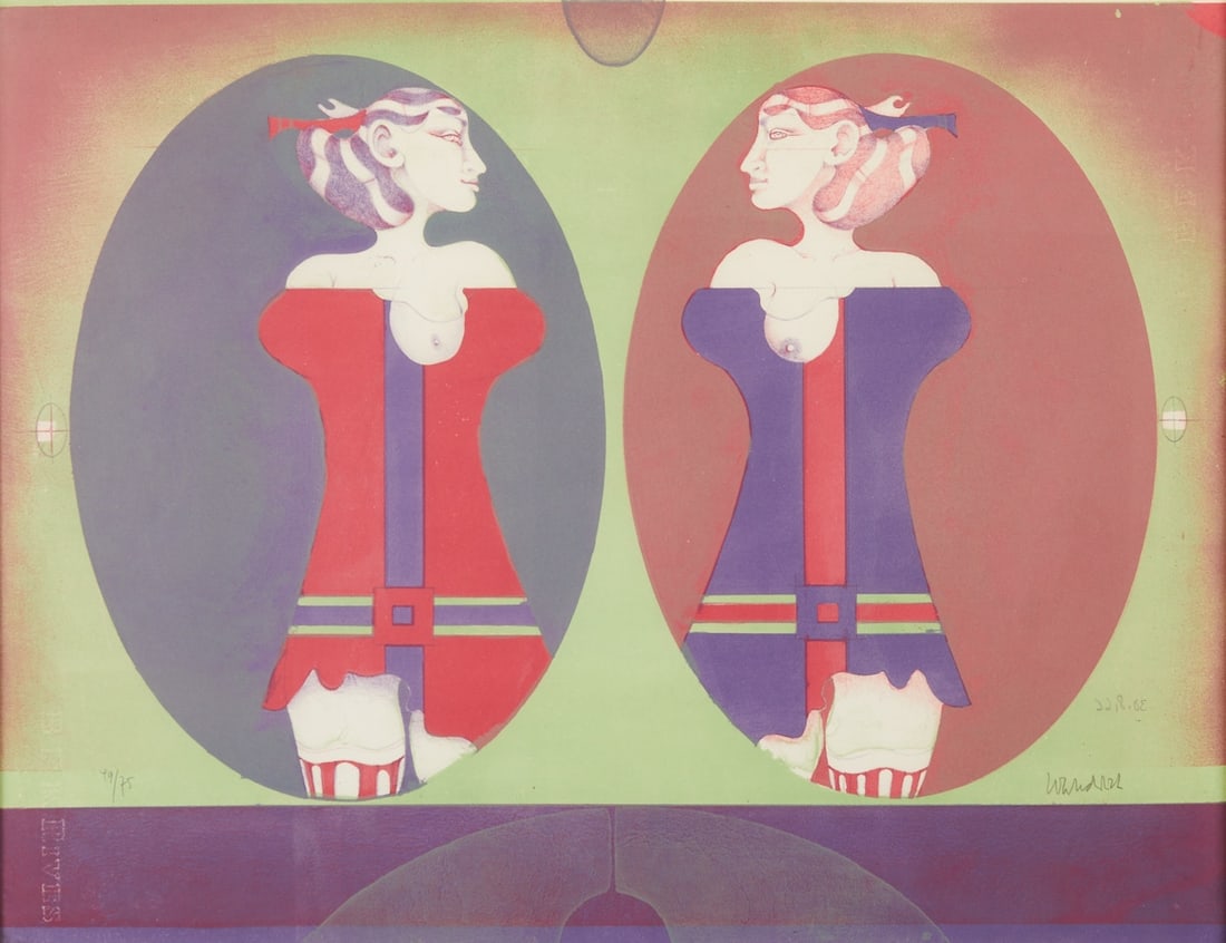 Paul Wunderlich: Paul Wunderlich 1927 Eberswalde - 2010 Saint-Pierre-de-Vassols - "The Beautiful Sisters" - (1966) Color lithograph/paper. 49/75. 49.7 x 64.6 cm (visible size). 54 x 69 cm (size with frame). 