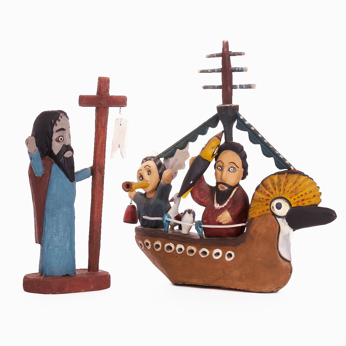 Adam Zegadlo: Adam Zegadlo Krzyzka 1910 - 1989 Krzyzka - Peter and Bird Ship - Wood. Polychrome painted. Signed on the reverse: Adam Zegadlo and A. Zegadlo. Peter H. 45 cm. Bird ship 52 x 55 x 11 cm.