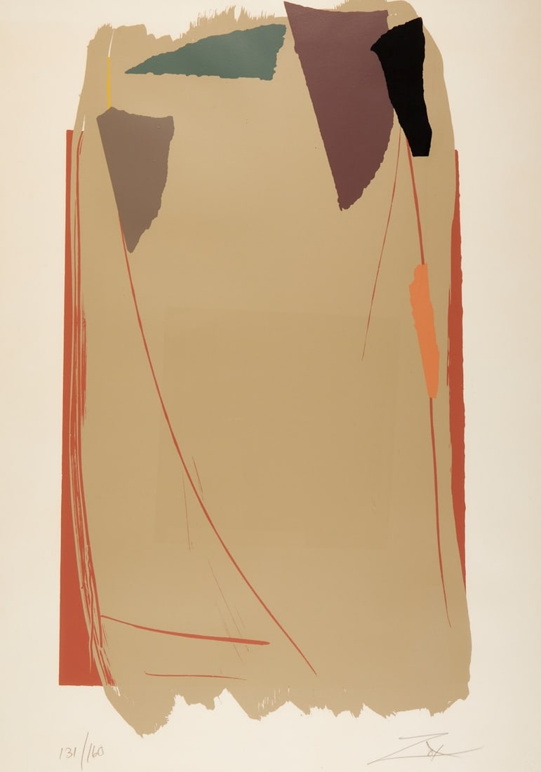 Larry Zox: Larry Zox 1937 Des Moines/Iowa - 2006 - Untitled in olive green - Color silkscreen/paper. 131/160. 93 x 52 cm, 101 x 73 cm (visible size). Signed lower right: Zox. Framed under glass.