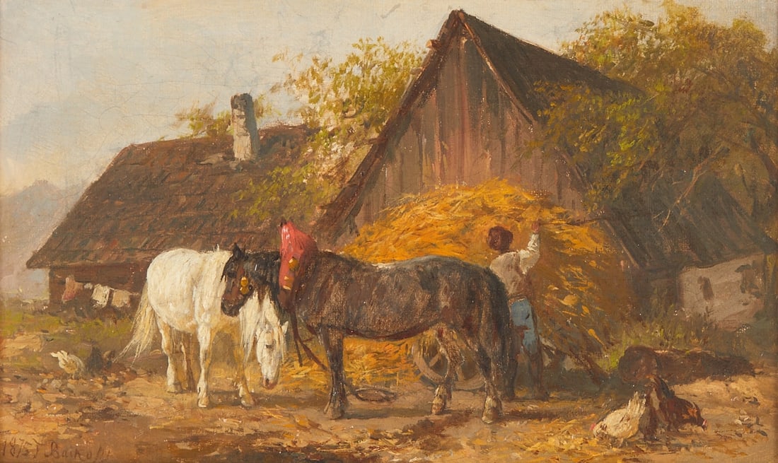 Theodor Ilich Baikoff: Theodor Ilich Baikoff 1818 St. Petersburg - 1890 Trieste - Farmer with his horses - (1875) Oil/canvas. 14.4 x 23.5 cm. 31 x 39.5 cm (dimensions with frame). Dated and signed lower left: 1875 T