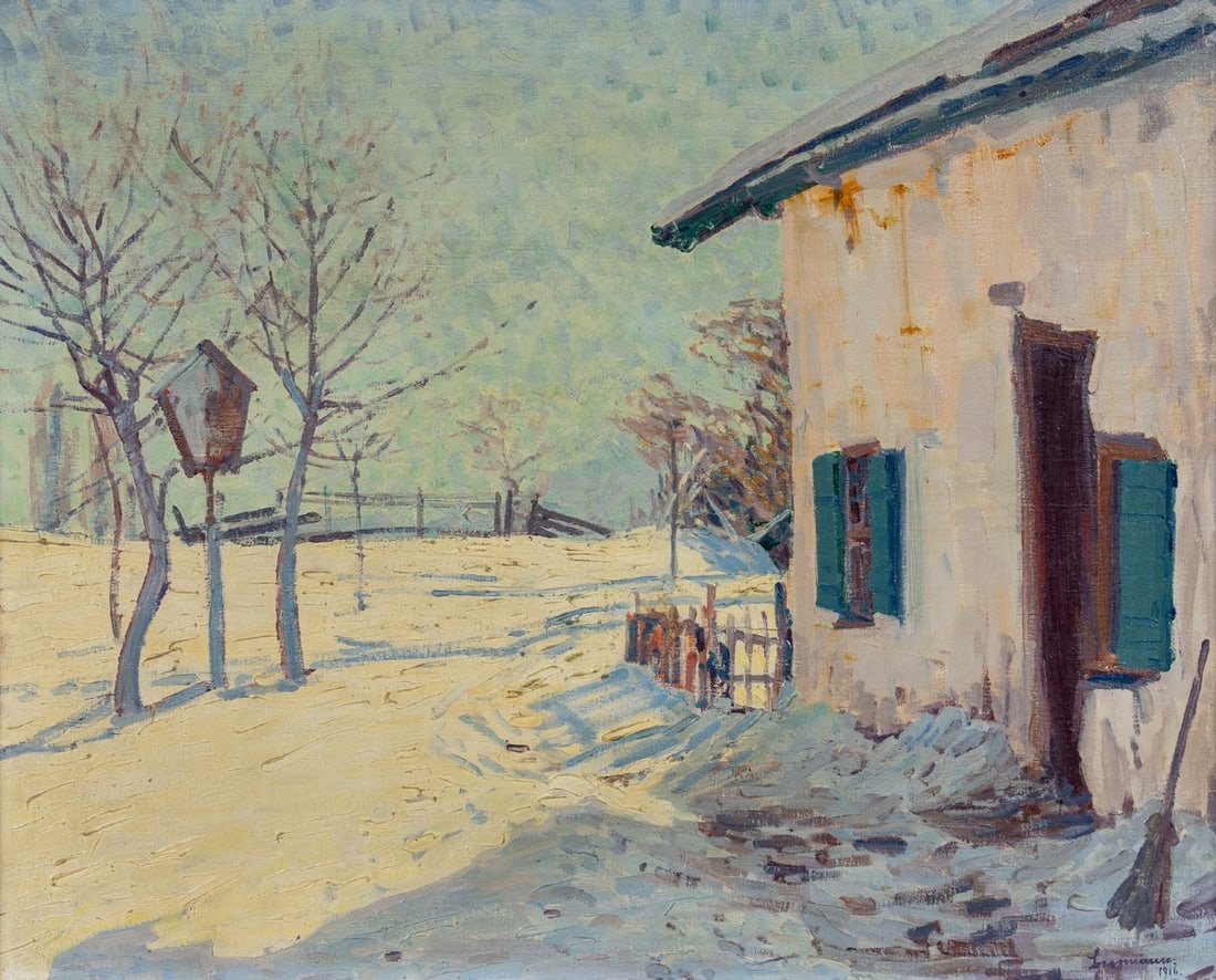 Emma Beermann: Emma Beermann Artist of the 19th/20th century - Snow-covered garden landscape - Oil/canvas. 65 x 80 cm. Signed and dated lower right: Beermann. / 1916. On the back of the frame partly indistinctly ins