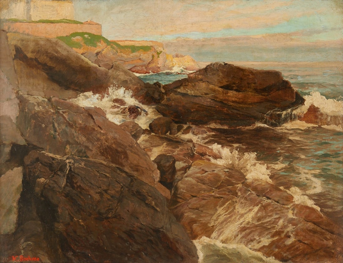 Karl Theodor Boehme: Karl Theodor Boehme 1866 Hamburg - 1939 Munich - Coastal landscape - Oil/canvas. Doubled. 41 x 53.5 cm. 56 x 69 cm (dimensions with frame). Signed lower left: K. Boehme. Frame. Restored. - Lit.: