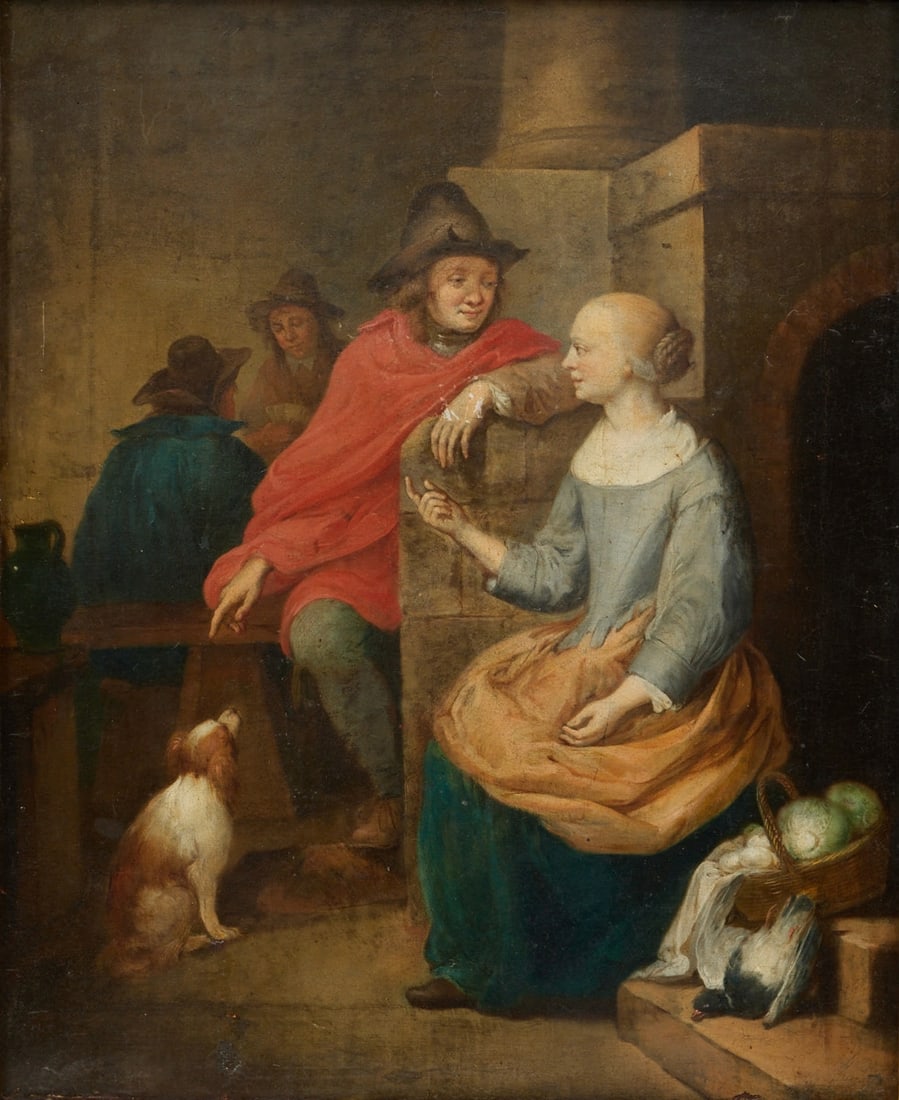 Quiringh Gerritsz van Brekelenkam attr.: Quiringh Gerritsz van Brekelenkam 1620 Zwammerdam - 1668 Leiden attr. - Cavalier with Lady - Oil/canvas. Doubled. 37.3 x 30.6 cm. Indistinct remnant signature lower right (illegible). On the reverse