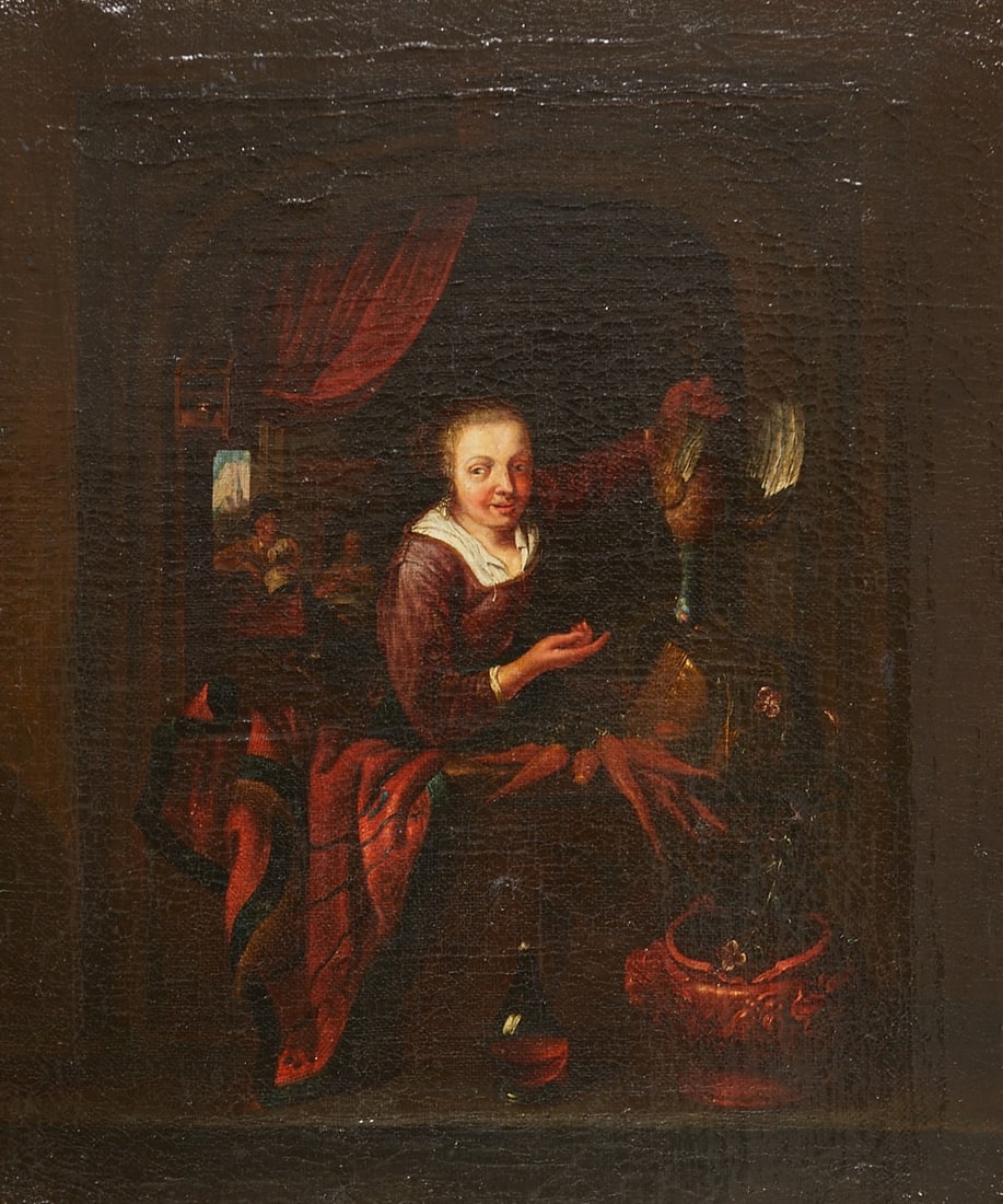 Gerrit Dou in the manner of: Gerrit Dou 1613 Leiden, Netherlands - 1675 Leiden, Netherlands in the manner of - The Poultry Seller - Oil/canvas. Doubled. 43.5 x 37.5 cm. 60 x 53 cm (dimensions with frame). Frame. Gerrit Dou (also