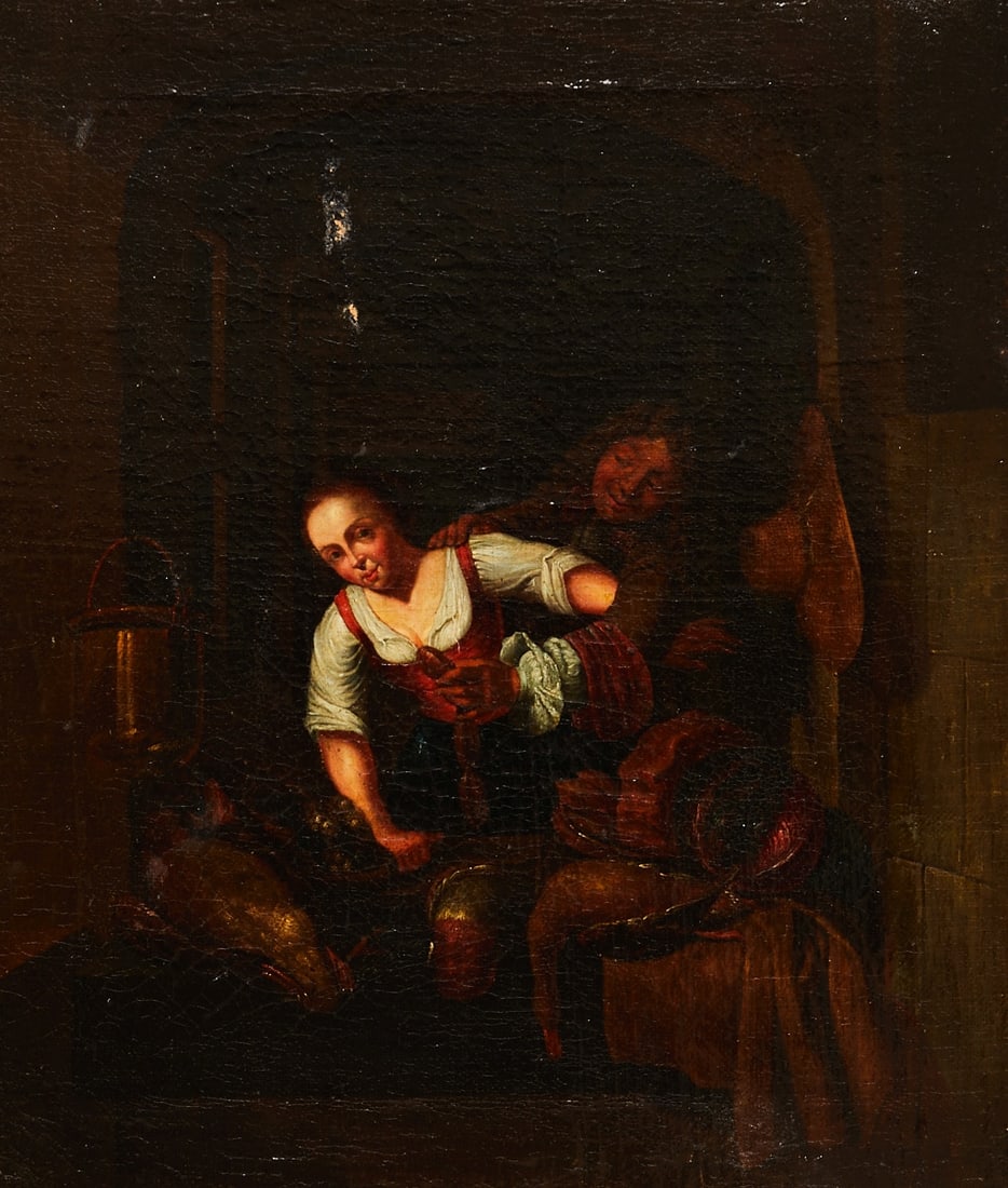 Gerrit Dou: Gerrit Dou 1613 Leiden - 1675 Leiden In the style of - Provocative Scene - Oil/canvas doubled. 44 x 37.5 cm, 60.5 x 53.5 cm (dimensions with frame). Frame. Crazing. Paint abrasion upper middle.