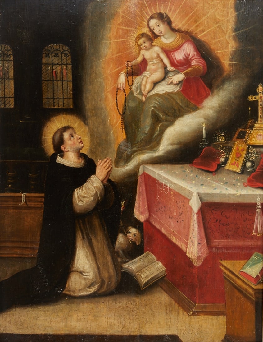 Flemish School of the 2nd Half of the 16th Century: Flemish School of the 2nd Half of the 16th Century - The Vision of Saint Dominic - Oil/wood. 64 x 49 cm. 83 x 68 cm (dimensions with frame). Inscribed on label on reverse. Frame. Panel with vertical