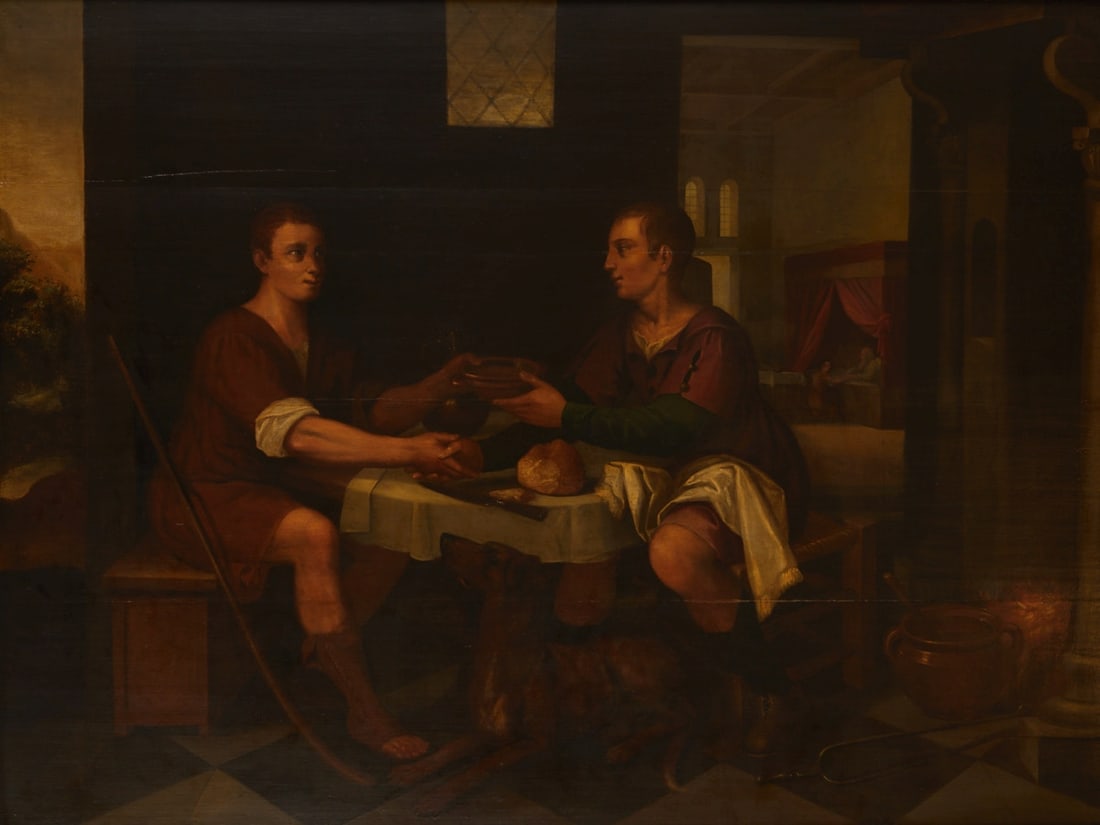 Flemish-Dutch Master of the late 16th Century: Flemish-Dutch Master of the late 16th Century - Jacob and Esau - Oil/wood. Parqueted. 93.5 x 1125.5 cm. 115 x 144 cm (dimensions with frame). Frame. Horizontal joint cracks. Restored.