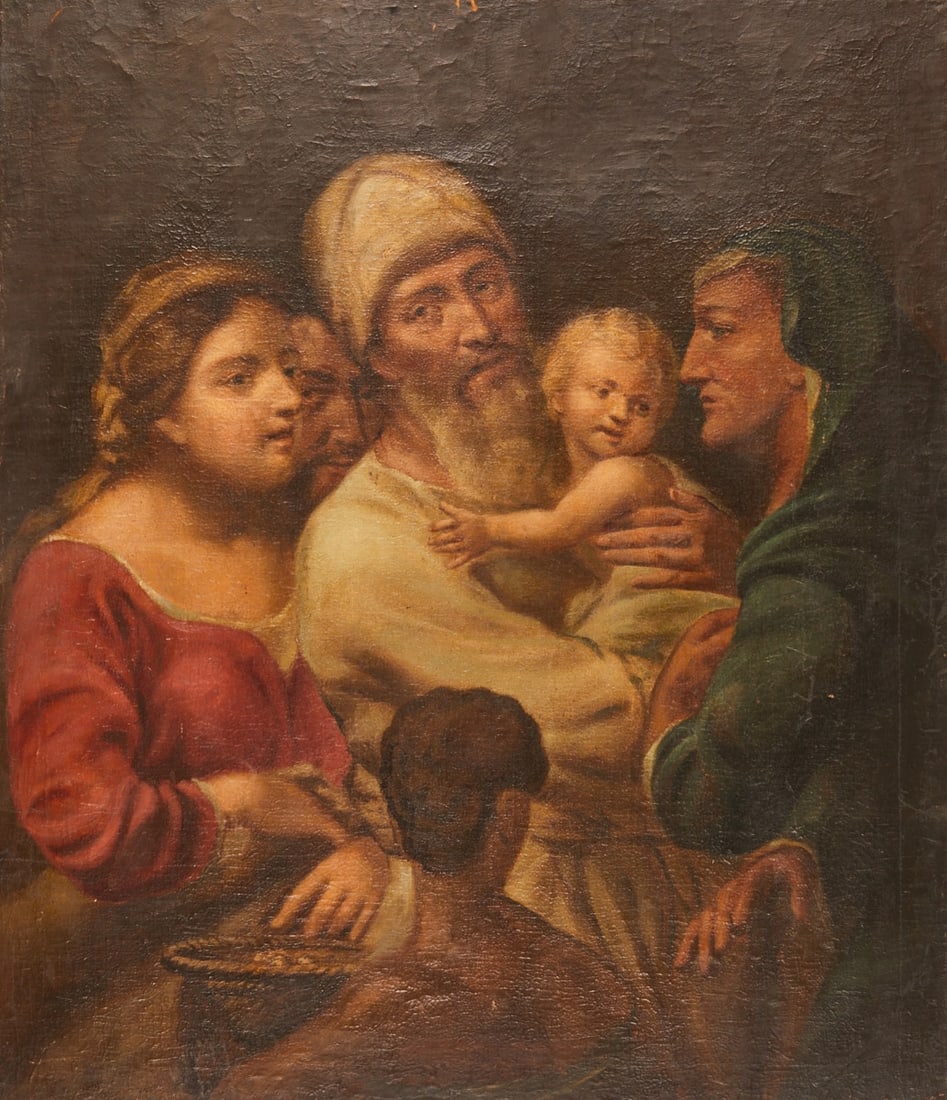Probably Italian Master of the 17th Century: Probably Italian Master of the 17th Century - Presentation of Christ in the Temple - Oil/canvas on wood (marouflage). 107 x 89 cm. Rest. missing areas. Cracks in the edge area.