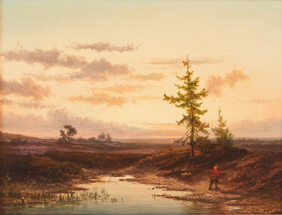 Hendrik Dirk Kruseman van Elten: Hendrik Dirk Kruseman van Elten 1829 Alkmaar - 1904 Paris - Heath landscape at sunset - Oil/wood. 25 x 33.5 cm. 40 x 48 cm (dimensions with frame). Monogrammed lower left: HDK v E. pin. (ligated). Fra