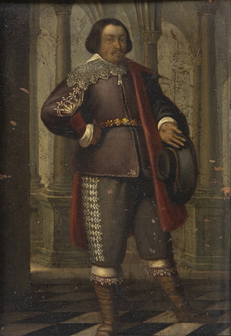 Artist of the 17th Century: Artist of the 17th century - Musketeer - (1616) Oil/copper plate. 26.5 x 8.5 cm, 37.7 x 29.8 cm (dimensions with frame). Dated lower left: 1616. Frame. Paint losses. Soiled. Varnish renewed.