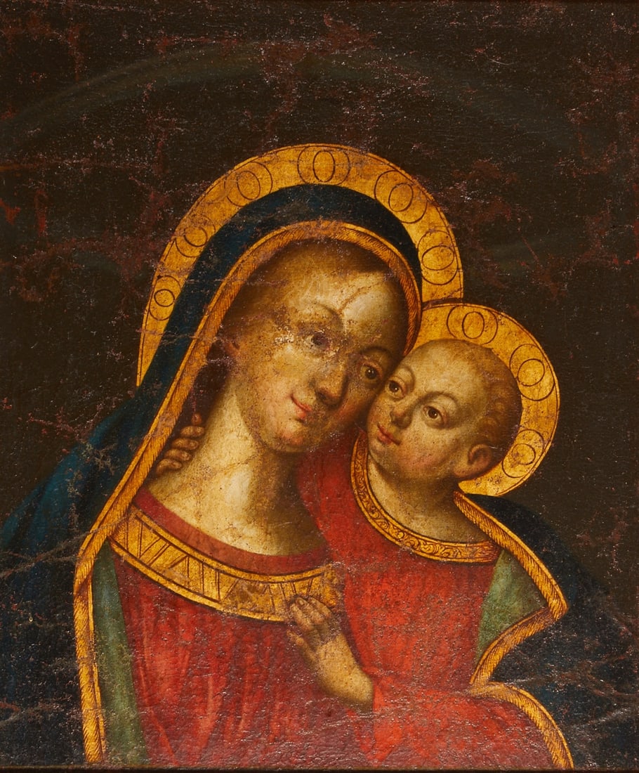 Artist of the 18th Century: Artist of the 18th century - Our Lady of Good Counsel (Mater boni consilii) - Oil/canvas. Mounted on chipboard. 56 x 47 cm. 65 x 55 cm (dimensions with frame). Frame. Restored. Paint losses.