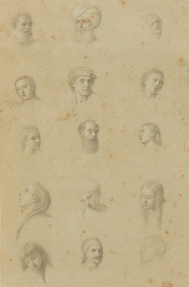 Artist of the 19th Century: Artist of the 19th century - Study sheet with portrait heads - Graphite/greenish paper. 29.7 x 19.5 cm (passe-partout cutout). 50 x 40 cm (dimensions with frame). Indistinctly inscribed lower right: H