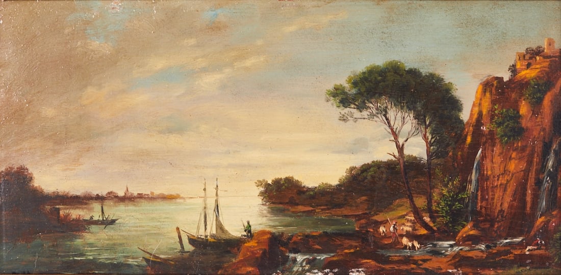 Artist of the 19th Century: Artist of the 19th century Monogrammist A. H. - Italian coastal landscape with boats - Oil/wood. 18 x 37 cm, 35 x 52.5 cm (dimensions with frame). Monogrammed lower left: A H. Pull frame. Paint losses