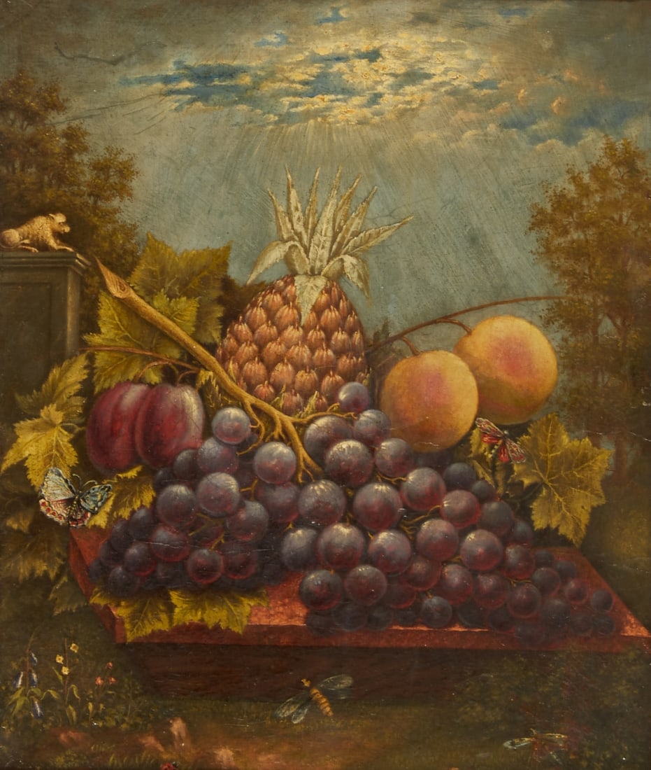 Artist of the Early 19th Century: Artist of the early 19th century - Fruit still life - Oil/paper mounted on glued wood panel. 37.5 x 30.5 cm, 49 x 44 cm (dimensions with frame). Frame. Minimally soiled. Minimal crazing.