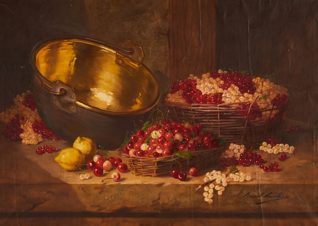 Alfred-Arthur Brunel de Neuville: Alfred-Arthur Brunel de Neuville 1852 Paris - 1941 Paris - Still life with currants - Oil/canvas. 65 x 91 cm, 68.5 x 94.5 cm (dimensions with frame). Signed lower right: Brunel Neuville. Frame. Craque