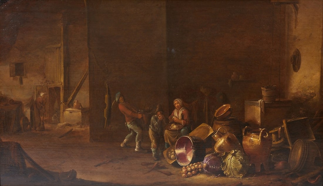 Dutch Genre Painter around 1650: Dutch Genre Painter around 1650 - Large Kitchen Scene with Kitchen Maid and Two Servants - Oil/wood. 67.5 x 116.6 cm. On the reverse with remnants of an old auction label (CHRISTIE AND MANSON, / (...)