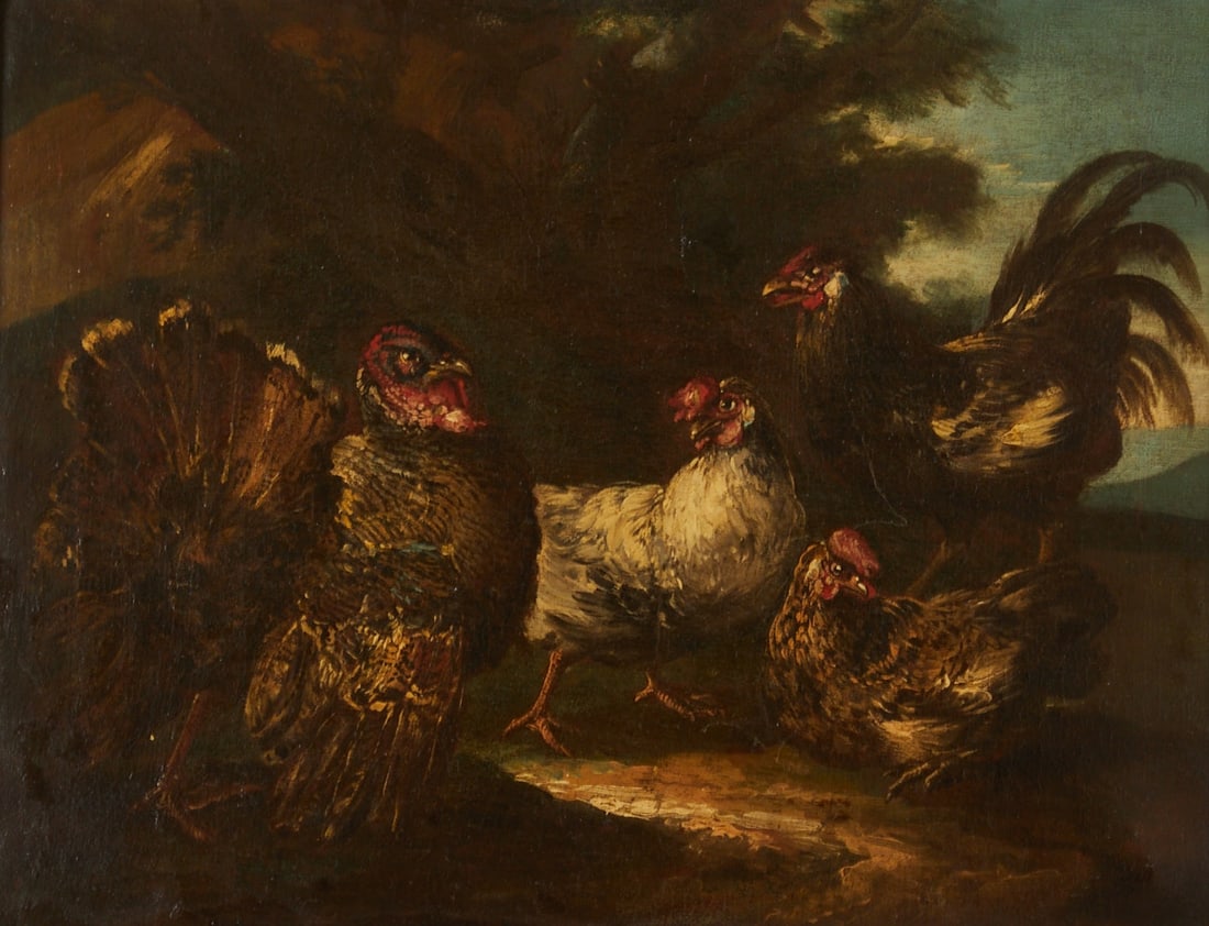 Cornelia de Rijck: Cornelia de Rijck 1653 Amsterdam - 1726 Amsterdam attributed. - Farmyard with chickens - Oil/canvas. 35.5 x 45.5 cm, 44.5 x 55 cm (dimensions with frame). Frame. Inscribed on label on reverse. Corneli