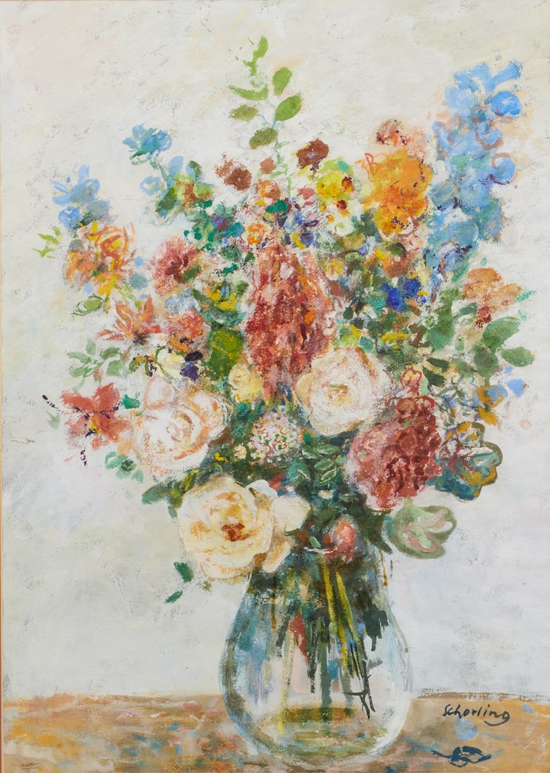 Adolf Schorling: Adolf Schorling 1895 - 1973 - Flower Still Life - Gouache/Paper. 73 x 52 cm (mount cut-out). Signed. Mount. Framed under glass.